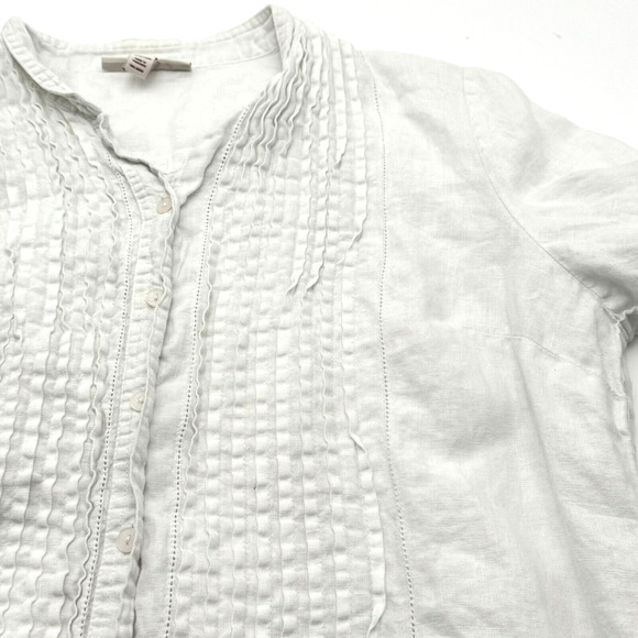 JM COLLECTION Women's 14 White 100% Linen Ruffle Button Up Shirt Roll Tab Sleeve - Picture 1 of 8